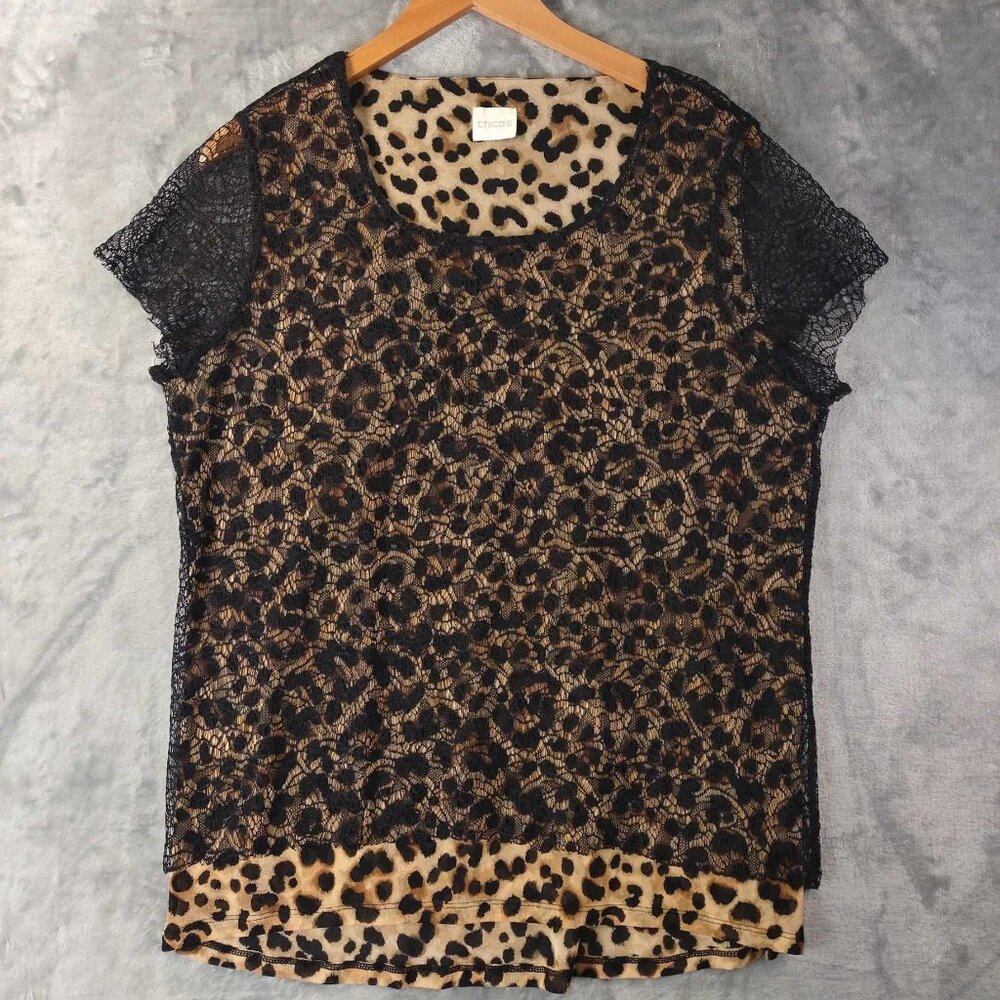 Chicos Women's Brown & Black Leopard Print Short Sleeve Lace Vintage Blouse